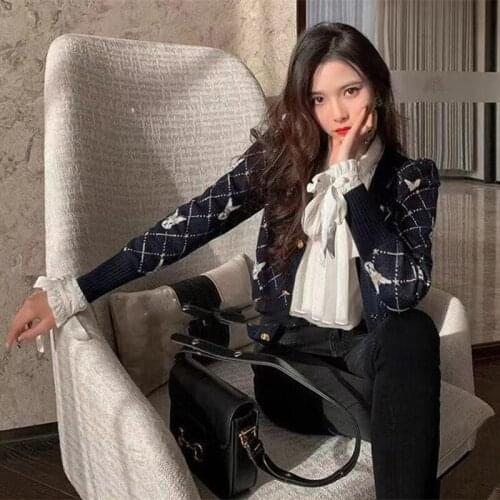 Women Knitted Cardigan Casual Slim Cropped Tops V Neck Long Sleeves Buttons Knit Cardigan