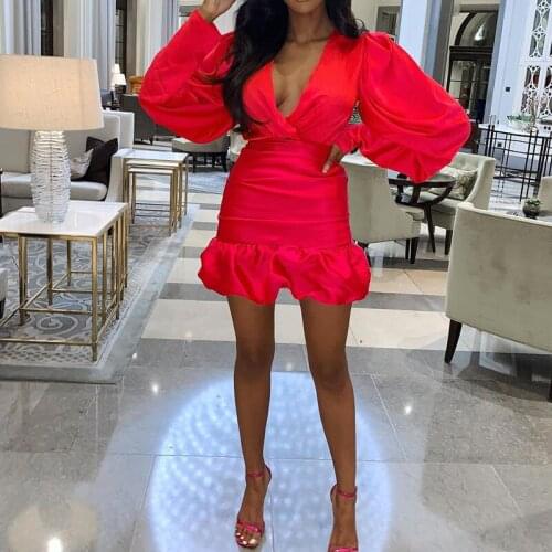 Sexy Satin Ruffled Mini Bodycon Dresses for Women 2021 Summer Long Lantern Sleeve Deep V Neck Black Dress Beach Wear Vestidos
