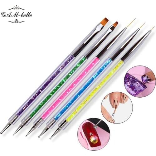 5pcs/set Nail Art Two Head Brush Pen Sequins Acrylic Handle UV Gel Polish Painting Drawing Line Flat Dotting Tips Tools Manicure