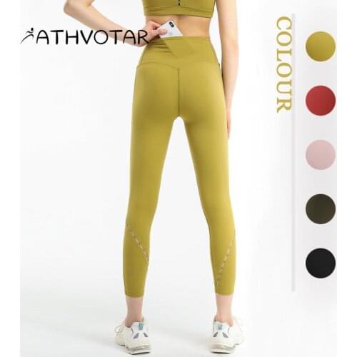 ATHVOTAR Solid Color Hip Pocket Yoga Pants Women High Waist Push UP Fitness Leggings Stretching Thinner Sports Running Leggings