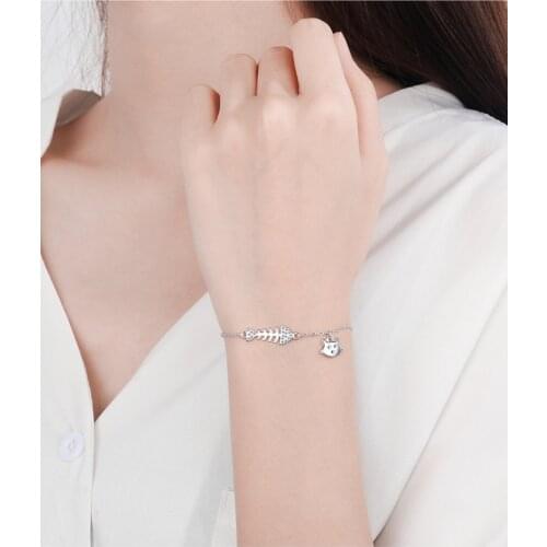 S925 Stamp Silver Color Charm Bracelet for Women New Trendy Interesting Embedded Zircon Fish Bone Cat Couples Jewelry Party Gift
