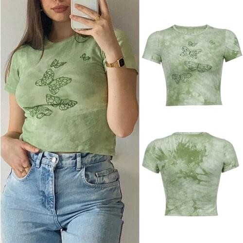 Tie Dye Y2K T-Shirt Women Butterfly Pattern Kawaii Graphic T Shirts Round Neck Short Sleeve Basic Baby Tee Shirt