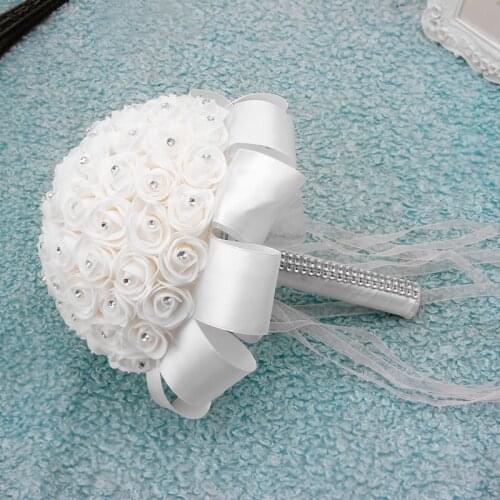 Handmade Bridal Artificial Roses With Rhinestone Flower Bride Bouquet Wedding Party Decor AXYD