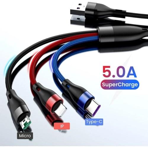 3in1 Micro USB Type C Cable 5A Fast Charging Charger Cord Mobile Phone Charge Data Cable For iPhone 12 11 Pro Max Xiaomi Huawei