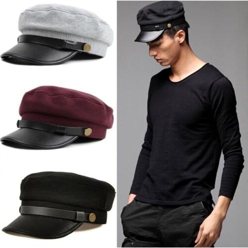 Leather Brim Belt buckle solid color Navy Military Cap Student Hat For Women Men Male Female Retro Beret Octagonal Cap Sailor