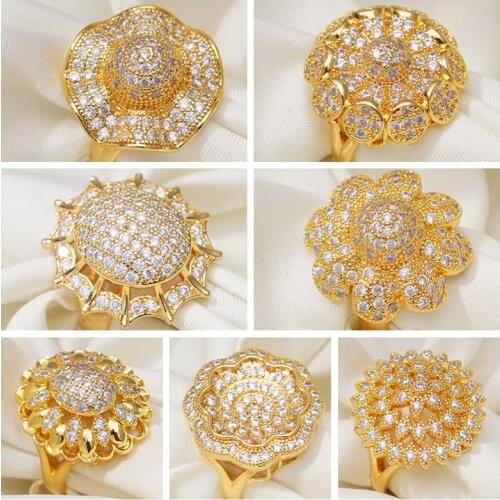 Full Pave CZ Rings Luxury Hyperbole Flowers Gold Color Rings for Women India Africa Middle East Style Vintage Dubai Jewelry Ring