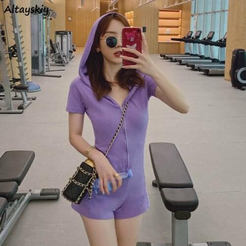 Rompers Women Summer Chic Purple Hooded Skinny Slim Sexy Womens Playsuits Fashion Short Sleeve Workout Ladies Bodycon Romper New