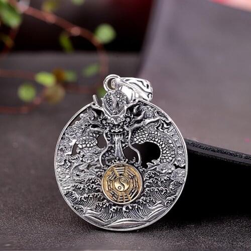 Uglyless Hand Carved Dragon Thai Silver Pendants for Mens Cool Steam Punk Necklaces NO Chain 925 Silver Spinning Ba Gua Jewelry