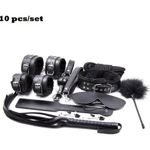 CamaTech 10Pcs/Set Fetish SM Bondage Kit Hand Ankle Cuffs Collar Gag Mask Paddle Whip Rope Feather Nipple Clip Restraint Sex Toy