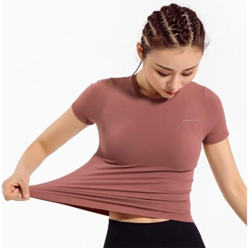 Short-Sleeved Yoga Clothes Athletic T-shirt Womens Running Quick-Drying Stretch Fabric Training Fitness Shirt Tight Slimming