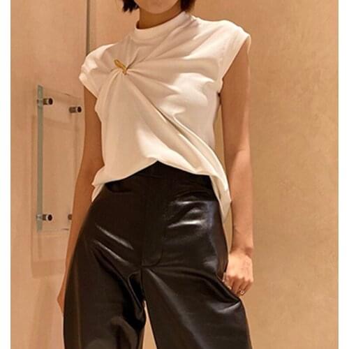 Solid Color T-shirt For Women Irregular folds Stand Collar Sleeveless Loose TopS, Summer New Fashion Casual Streetwear