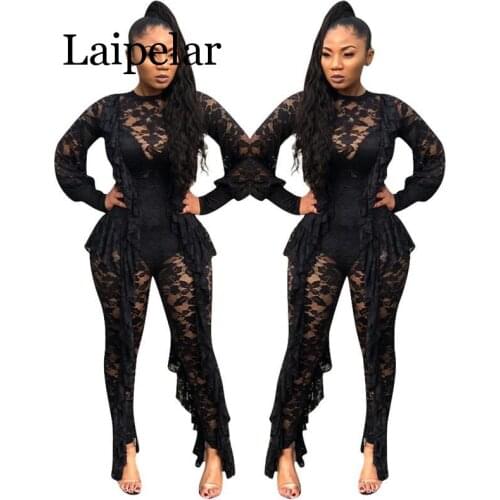 Long Sleeve Sexy Sheer Black Lace Jumpsuit Bodysuit Women See Through Ruffle Party Club Wear One Piece Bodycon Jumpsuit Rompers