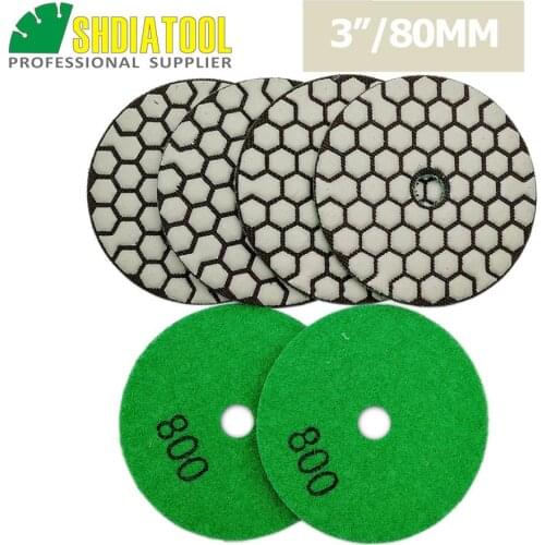 SHDIATOOL 6pcs 80mm G#800 Resin Bond Flexible Diamond Dry Polishing Pads For Granite Marble Ceramic Diameter 3inch Sanding Disks