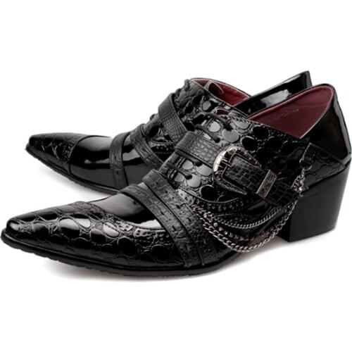 Italian Mens Shoes High Heels Black Genuine Leather Formal Shoes Men Pointed Toe Classic Elegant Office Dress Loafers Crocodile