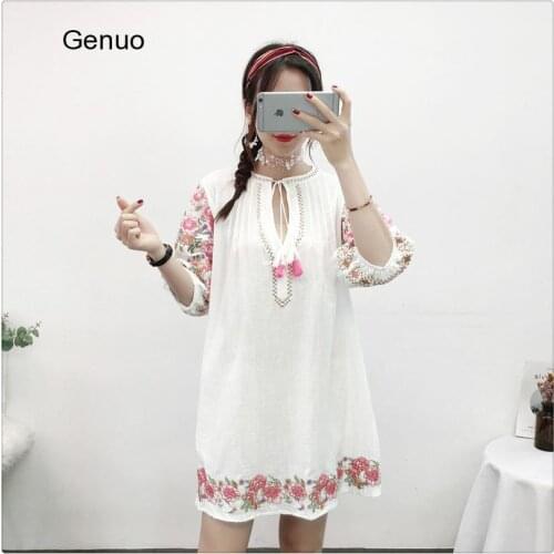 Vintage Chic Boho Cotton Floral Embroidery Beach Bohemian Mini Dress Ladies Tassel Summer Dress Vestidos