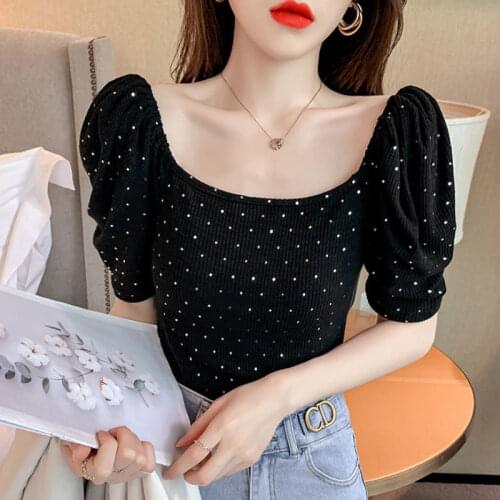 Woman TShirts Shiny Puff Sleeve Square Collar Short Sleeve T-shirt Womens Summer Top Crop Top Mujer Camisetas
