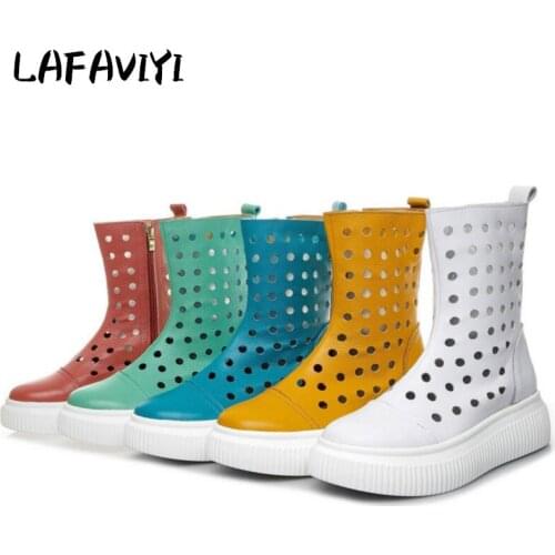2021 Summer Cowhide High Tube Perforated Hole Martin Cool Boots Hollow Breathable Thick Bottom Muffin Shoes Women