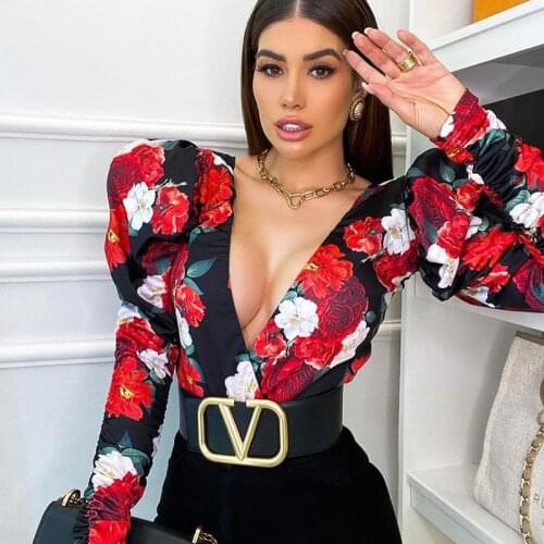 2021 Spring Elegant Boho New Print Bodysuits Rompers Women Jumpsuits Puff Sleeve Skinny Sexy V-Neck Bodies Ladies Casual Overall