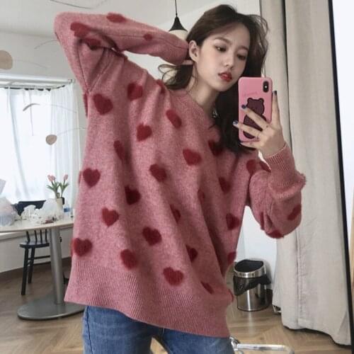 Women Sweater Warm Long Sleeve Sueter Imitation Water Velet Print Winter Clothes Korean Pink O Neck Loose Heart Pattern Pullover