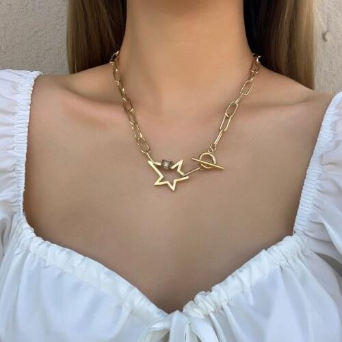 AENSOA Punk Big Link Chain Gold Color Star Necklaces for Women Gold Color Lock Choker Pendant Necklace 2021 Multilayer Female