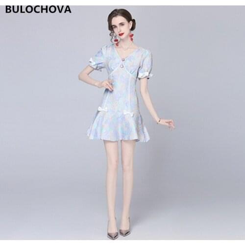 High Quality Women Fashion V Neck Puff Short Sleeve Mini Dress 2021 Newest Summer Big Size Jacquard A Line Vestidos Femme 2XL