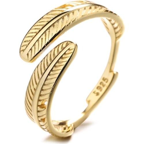 New Genuine 925 Sterling Silver Charming Romantic Feather Open Finger Ring for Women Fashion Korean Party Jewelry Accessories