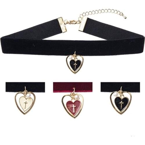 2019 New Arrival Fashion Winter Velvet Choker Necklace Enamel Heart Collar Cross Charm Pendant Necklace for Women Christmas Gift
