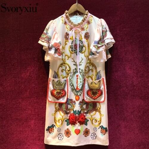 Svoryxiu luxury Runway Summer Dress Womens Vintage Baroque Print Diamond Applique Casual Party Loose Short Sleeve Dresses