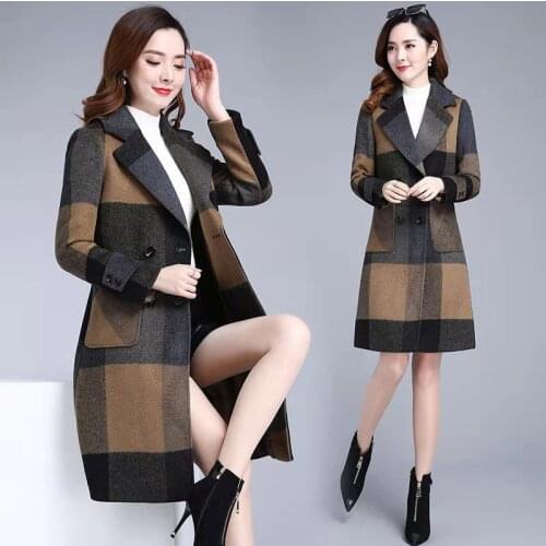 Women lattice Woolen Overcoat 2020 New Middle-aged Mother Winter Add Cotton/No Cotton Woole Coat Female Plus Size Jacket 5XL