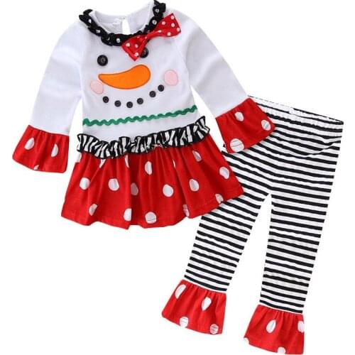 Baby Girl Red Christmas Clothes Set Full Flare Cartoon Snowman Deer T-shirt+Pants Costume for Little Girl New Year Clothing 1-5Y