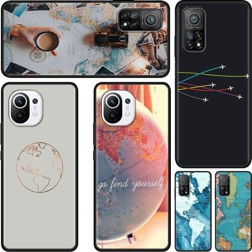 World Map Travel Cell Phone Case for Xiaomi Mi Poco X3 NFC M3 F1 10T 9T Pro Note 10 A2 8 11 Lite 5G TPU Black Cover Coque