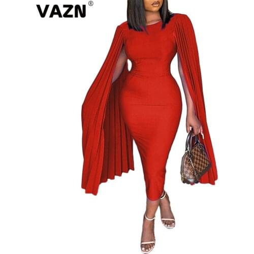 VAZN 2020 Hot Plus Size High-end Young Elegant Sexy Club Novelty Solid Full Flare Sleeve Women High Waist Thin Pencil Maxi Dress