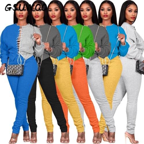 GSUWOO Fashion Stitching Color Contrast Women Sets Long Sleeve Bandage Sweatshirt Top Leggings Pants Two-piece Autumn Suit XXXL