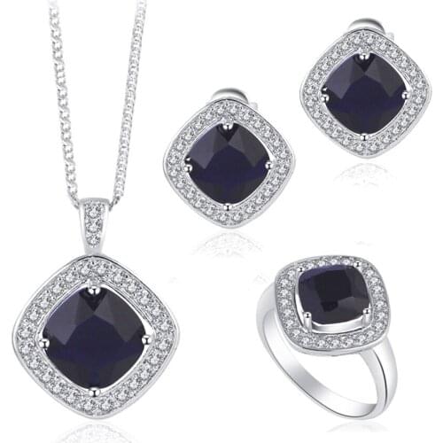 For women silver plated filled Earring Necklace Fashion Jewelry Sets Ring Black Onxy Crystal zirconia JS635