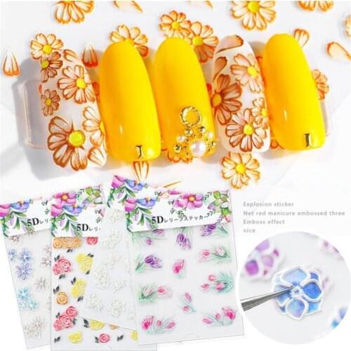 Beautiful 5D Flower Series Nail Stickers Colorful Rose Embossed Nail Art Decoration Floral On Nails Christmas Design
