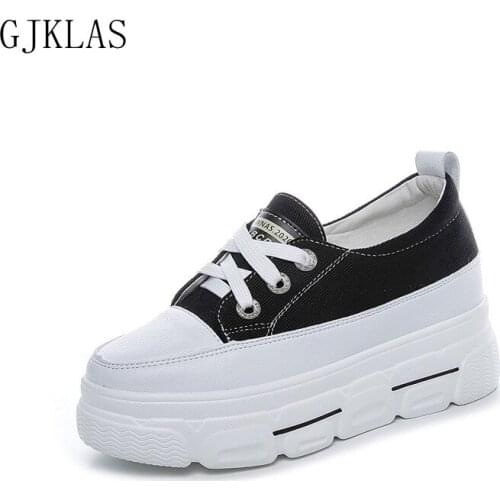 Real Leather+canvas Casual Wedges Shoes Platform Sneakers Women Heels Green Black Vulcanize Shoes Platforms Sport Femme Lace-up