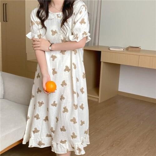 Little Bear Summer Nightgown Women Short Sleeve Loose Casual Kawaii Long Sleepwear Cartoon Home Clothes Ruffles Night Dress