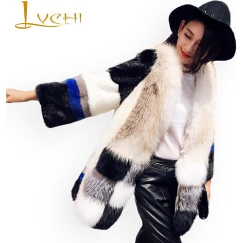 LVCHI Lady With Fox fur collar real fur mink clothes female patchwork color natural mink coats wide-waisted lady designer jacket