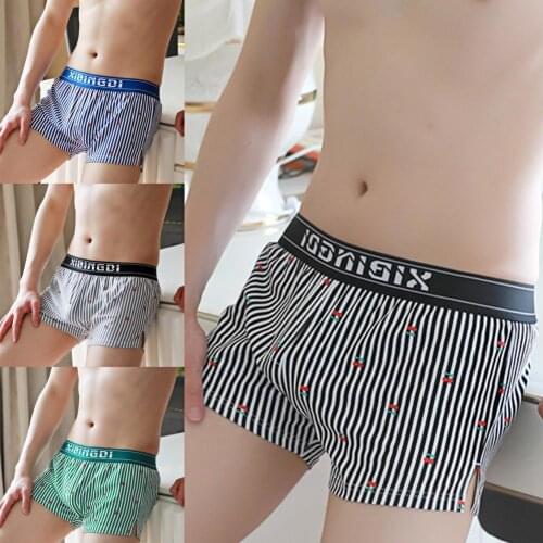 Soutong Vertical Stripe Cherry Print Men Underpants Comfy Elastic Waist Loose Boxer Underwear for Inside Wear