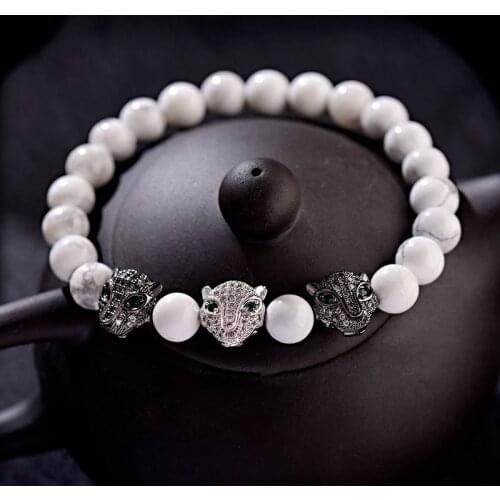 2019 Men Bracelet White CZ Micro Pave Leopard Heads Charm Bracelet&Bangle Stone Beads Bracelet For Charm Men Jewelry Gift