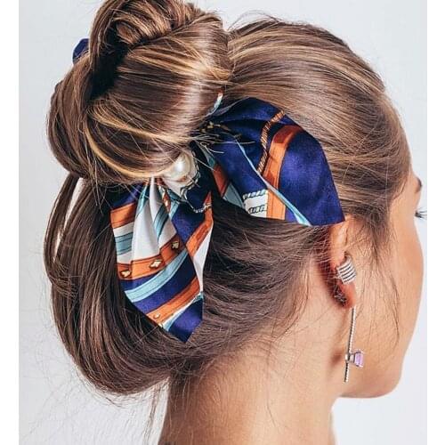 2021 New Chiffon Bowknot Silk Hair Scrunchies Women Pearl Ponytail Holder Hair Tie Hair Rope Rubber Bands Hair Accessories