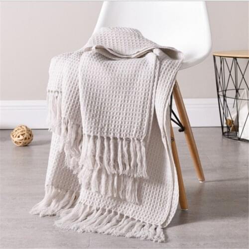 Hap-deer Plain knitted wool blanket embossed waffle blanket Nordic style fringed decorative Thin blankets for safa car office
