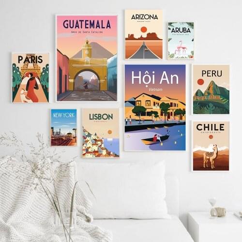 Famous City Travel Poster Cartoon New York Paris Chile Aruba Landscape Canvas Painting Wall Art Picture Living Room Decoration