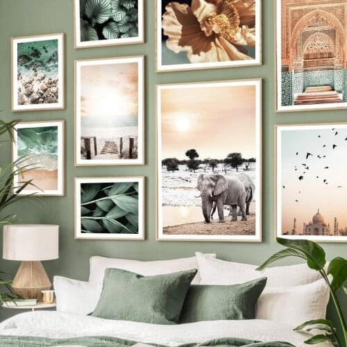 Beach Bridge Flower Sunset Elephant Taj Mahal Birds Wall Art Prints Canvas Painting Nordic Poster Decor Pictures For Living Room