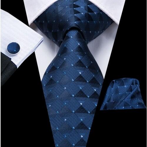 Hi-Tie Designer Mens Necktie Luxury Navy Blue Plaid Dot Silk Wedding Tie For Men Hanky Cufflinks Set Business Party Dropshipping
