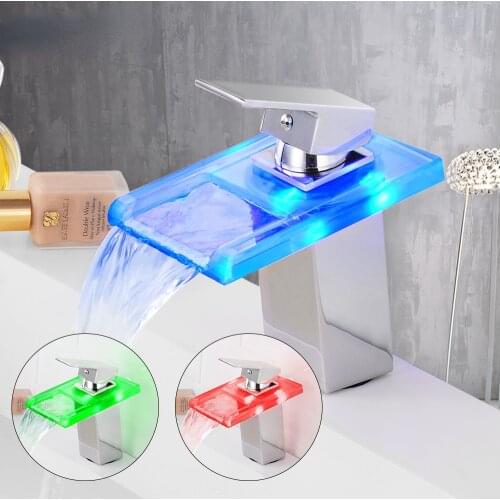 Bathroom Waterfall Led Basin Faucet Glass Waterfall Brass Made Basin Faucet Bathroom Mixer Tap Deck Mounted basin sink Mixer Tap