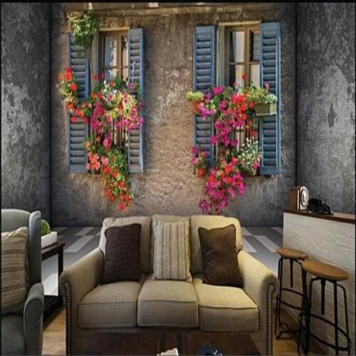 Mediterranean Street Photo Wallpaper 3D Space Gray Cement Wall Flowers Window Mural Restaurant Cafe Living Room Wall Paper 3D