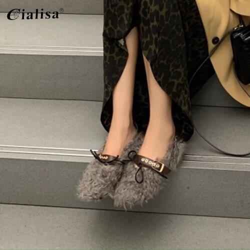 CIALISA Tound Toe Gneuine Leather Flat Warm Casual Shoes Real Sheep Fur Short Plush Metal Decoration Womens Low Shoes