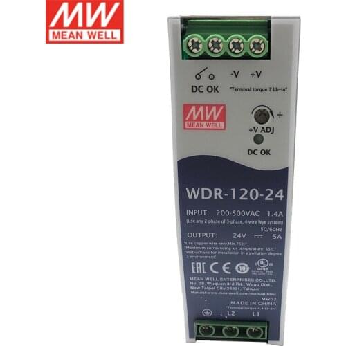 MEAN WELL WDR-120-24 120W 24V Ultra Wide Input Industrial DIN Rail Power Supply 180-550V AC to 24V DC 5A Power Unit PSU SMPS