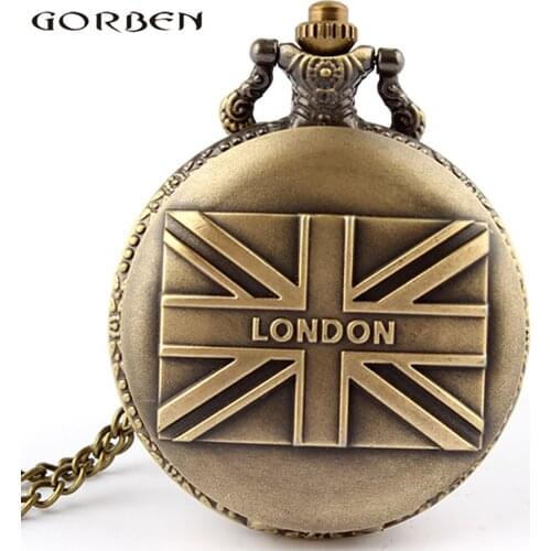 Antique Vintage Bronze UK Flag London Steampunk Quartz Pocket Watch Necklace Chain Men Women Gift Reloj de bolsillo